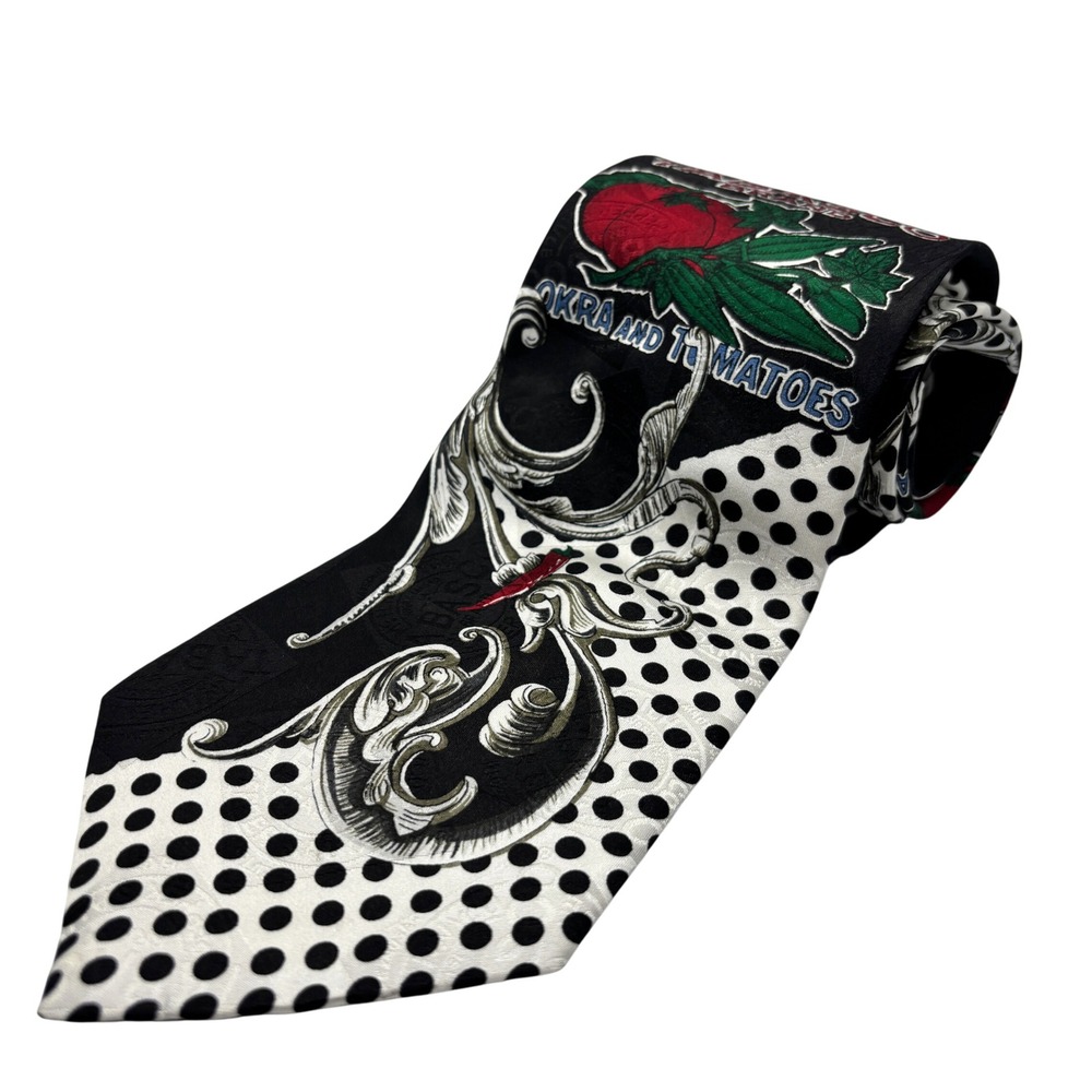 Tabasco Okra Tomatoes Novelty Necktie‎ Black White Polka Dot Silk Mens